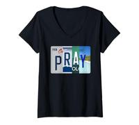 Mujer Placa de matrícula de Coche con Texto en inglés Pray Car - Funny Graphic Christian Camiseta Cuello V