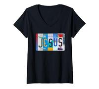 Mujer Placa de matrícula de Coche de Jesús - Divertida fe Cristiana gráfica Camiseta Cuello V