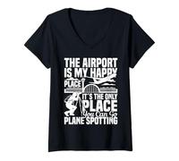 Mujer Planespotter Entusiasta de los Aviones Happy Place Planespotting Camiseta Cuello V