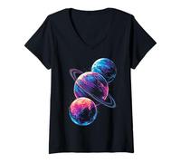 Mujer Planeta Luna Espacio Obra De Arte Ilustración Motivo Camiseta Cuello V