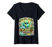 Mujer Planeta sobre plástico Día de la Tierra Cool Eco Mensaje Camiseta Cuello V