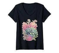 Mujer Planta suculenta Pastel con Flores gráfico botánico de ensueño Camiseta Cuello V