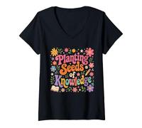 Mujer Plantando Semillas De Conocimiento Profesor Educación Floral Camiseta Cuello V