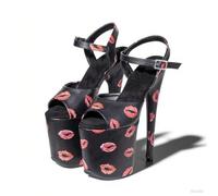 Mujer plataforma Zapatos tacón sandalias Sexy Ultra tacones altos Stiletto Estampado labios Correa en el tobillo Verano sapatos mujer Para stripper Fiesta Bailarina barra Escenario Modelo 7.87 IN(Blac