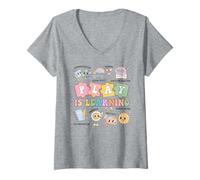 Mujer Play Is Learning - Bonito diseño Educativo de Piezas de Rompecabezas Camiseta Cuello V