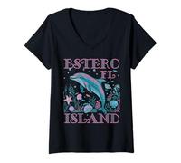 Mujer Playa Colorida Amante de los Delfines de la Isla Estero Florida Camiseta Cuello V
