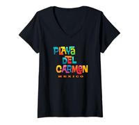 Mujer Playa del Carmen, México, o Diseño Tropical de Mediados de Siglo Camiseta Cuello V