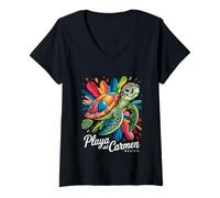 Mujer Playa del Carmen, México Recuerdo de Salpicaduras de Pintura de Tortuga Marina Camiseta Cuello V