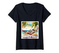Mujer Playa hora de verano con una buena mujer Camiseta Cuello V
