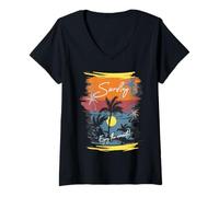 Mujer Playa Palmas Mar Puesta de sol Surf Disfruta el momento nacido para surfear Camiseta Cuello V