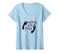 Mujer Playera Caminando con jesús, superhéroe Dios Amor Camiseta Cuello V