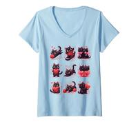 Mujer Playful Black Cats with Hearts and Yarn Camiseta Cuello V