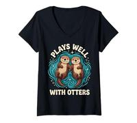 Mujer Plays Well with Otters Camiseta Cuello V