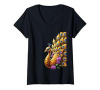 Mujer Plumas de Pavo Real ornamentadas Orquídea Pájaro exótico Naturaleza Camiseta Cuello V