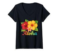 Mujer Plumeria Hawaiana Hawái Maui Kauai Hibiscus Aloha Surfer Camiseta Cuello V