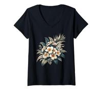 Mujer Plumeria Vintage Blanco Floral Tropical Bloom Verano Camiseta Cuello V