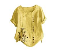 Mujer Plus Size O-Neck Short Sleeve Print Buttons Linen Vintage Tops Camisas Mujer, amarillo, L