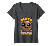 Mujer Plutón Siempre será un Planeta en mi corazón Camiseta Cuello V, Jaspeado Oscuro, L