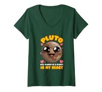 Mujer Plutón Siempre será un Planeta en mi corazón Camiseta Cuello V, Verde Bosque, M