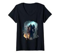Mujer Poderoso Caballero en Armadura con Espada de Fuego Camiseta Cuello V