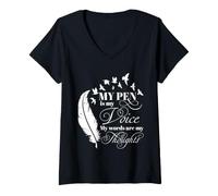 Mujer Poet Writer Pen Is My Voice Poetry Thoughts Quill Quill Camiseta Cuello V