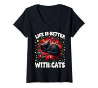 Mujer Poinsettia Christmas Life Is Better with Cats Cute Xmas Cat Camiseta Cuello V