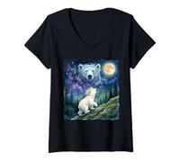Mujer Polar Bear Cub Howling at The Moon Cosmic Night Sky Art Camiseta Cuello V