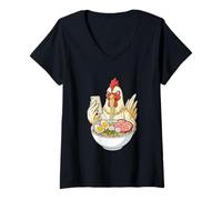 Mujer Pollo Comiendo Fideos Ramen Desplazamiento Teléfono Camiseta Cuello V