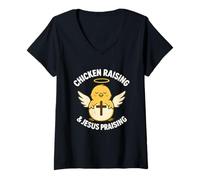 Mujer Pollo Criando Jesús Alabando Funny Farm Christian Camiseta Cuello V