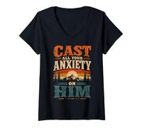 Mujer Pon Toda tu ansiedad en él 1 Pedro 5:7 Escritura bíblica Camiseta Cuello V