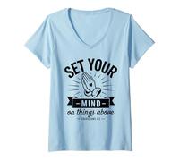 Mujer Pon tu Mente en Las Cosas de Arriba - Verso de la Biblia Christian Faith Camiseta Cuello V