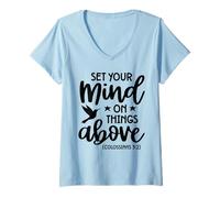 Mujer Pon tu Mente en Las Cosas de Arriba - Verso de la Biblia Christian Faith Camiseta Cuello V