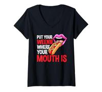 Mujer Pon tu Weenie donde tu boca esté el humor de barbacoa Camiseta Cuello V