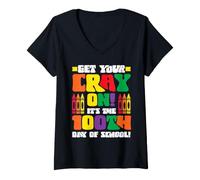 Mujer Ponte tu Cray On It's The 100th Day of School Funny Teacher Camiseta Cuello V