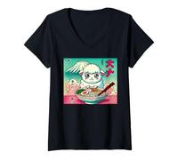 Mujer Pop japonés monte Fuji fideos amante lindo cordero oveja ramen Camiseta Cuello V