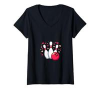 Mujer por EL Amor A LOS Bowling. Bola DE Dibujos Dibujos, Pins Y Corazones Camiseta Cuello V