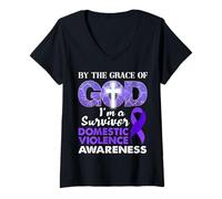 Mujer por La Gracia Dios Soy Un Sobreviviente Conciencia de Violencia Doméstica Camiseta Cuello V