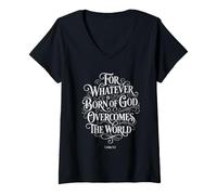 Mujer Porque Todo lo Que es Nacido de Dios vence al Mundo | 1 Juan 5:4 Camiseta Cuello V