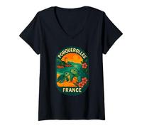 Mujer Porquerolles Francia Tortuga Marina Costa Isla Insignia Camiseta Cuello V