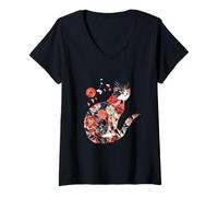 Mujer Porta Gatos Patrón Floral japonés Gato Origami Kawaii Camiseta Cuello V