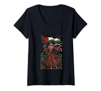 Mujer Portador de la Bandera de la Libertad de la Patria Palestina - Arte Palestino Camiseta Cuello V