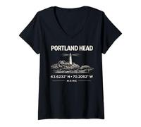 Mujer Portland Head Lighthouse Maine Coordenadas Diseño Camiseta Cuello V