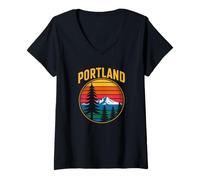 Mujer Portland Mount Hood Evergreens - Gráfico Retro de Puesta de Sol Camiseta Cuello V