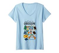 Mujer Portland Oregon Ciudad Vieja Naturaleza Iconos Diseño Camiseta Cuello V