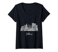 Mujer Portland Oregon Skyline US Travel Souvenirs Blanco Paisaje urbano Camiseta Cuello V