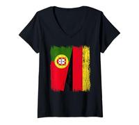 Mujer Portugal Alemania Media Bandera Portugués Alemán Orgullo de la Unidad Camiseta Cuello V