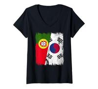 Mujer Portugal Corea del Sur Media Bandera Portugués Corea del Sur Camiseta Cuello V