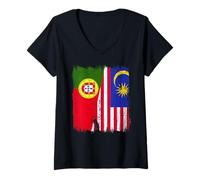 Mujer Portugal Malasia Media Bandera Patrimonio Portugués Malasia Camiseta Cuello V