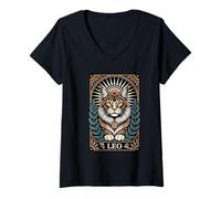 Mujer Pose regia del gato Leo, zodiaco, sol, melena real Camiseta Cuello V