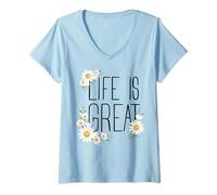 Mujer Positive Floral Daisy Flower, Inspirational, Life is Great Camiseta Cuello V
